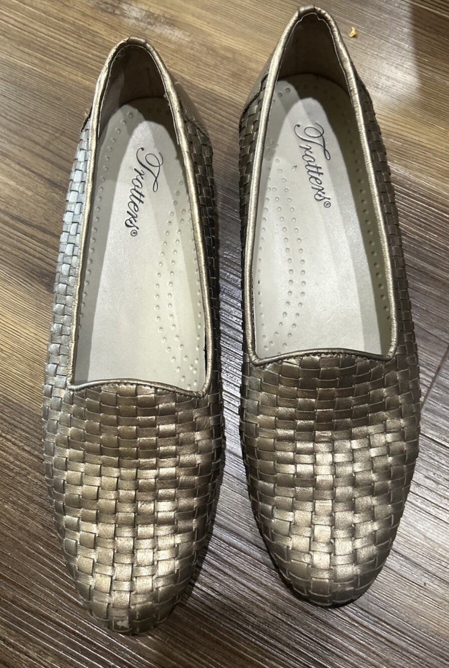Trotters Liz Woven Leather Loafers 8.5 S Slim Pewter Gold Slip On Comfort Casual